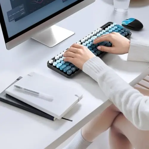 MOFII simsiz klaviatura va sichqoncha to'plami, 2,4 GHz Retro Typewriter klaviatura va kompyuter PC noutbuklari Windows uchun yoqimli sichqoncha (Moviy aralash) - 6