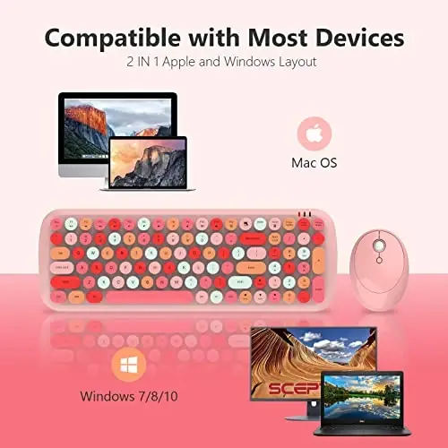 MOFII simsiz klaviatura va sichqoncha to'plami, 2,4 GHz retro yozuv mashinasi klaviaturasi va kompyuter PC noutbuklari Windows uchun yoqimli sichqoncha (pushti aralash) - 3