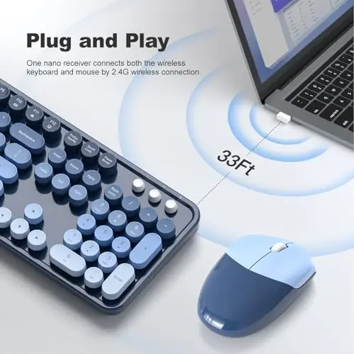 MOFII Simsiz Klaviatura va Sichqoncha To'plami, 2.4GHz Retro Yozuv Mashinasi Klavifikasi To'liq Hajmi, Yoqimli Simsiz Sichqonchalar, USB Dongle Ulanish va O'ynash, Noutbuk, Kompyuter, Stolüstü, Windows (Dengiz Ko'k Gradient Rangi) - MOFII (1)