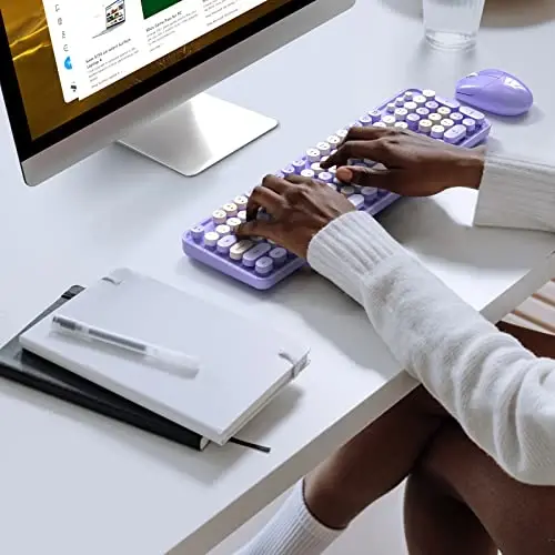 MOFII simsiz klaviatura va sichqoncha to'plami Binafsha Rangli To'liq O'lchamli Dumaloq Kalitli Yozuv Mashinasi Klaviaturalari, Kompyuter Noutbuk PC Desktop Chromebook Smart TV uchun 2-1 Nano Dongle bilan 2,4G USB klaviatura sichqonchalari 