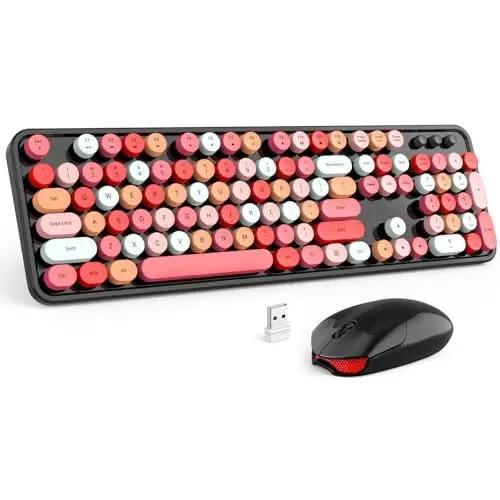 MOFII Simsiz klaviatura va sichqoncha to'plami, qora rangli 2,4 GHz to'liq o'lchamli klaviatura dumaloq tugmachalar bilan, noutbuk, kompyuter, Chromebook, Smart TV, Windows uchun retro klaviatura yoqimli simsiz sichqoncha 