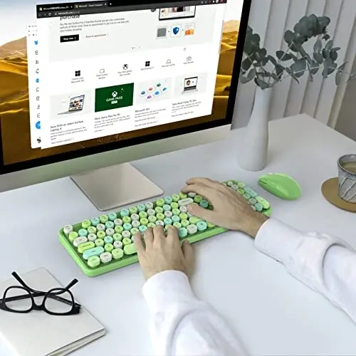 MOFII simsiz klaviatura va sichqoncha to‘plami, Retro yashil 2,4 GHz to‘liq o‘lchamli rangli klaviaturalar dumaloq tugmachalar bilan, noutbuk, shaxsiy kompyuter, Chromebook, Smart TV, kompyuter, Windows uchun yoqimli simsiz sichqoncha 