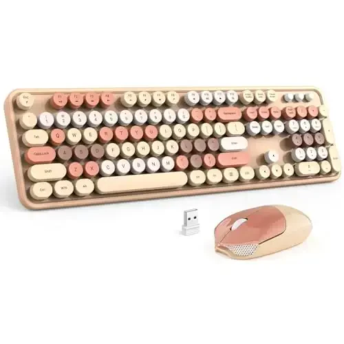 MOFII Simsiz Klaviatura va Sichqoncha To'plami, Sutli Choy Rangli Dumaloq Tugmali Yozuv Mashinasi Klaviaturalari, 2.4G To'liq O'lchamli Klaviatura va Shirin Simsiz Sichqonchalar, USB Qabul Qilgich Plug and Play, Noutbuk, PC, Windows uchun - 6