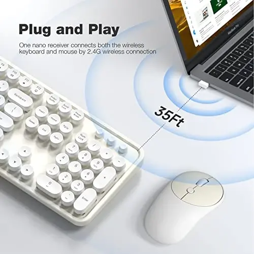 MOFII simsiz klaviatura va sichqoncha to'plami, sutli oq 2,4G to'liq o'lchamli klaviatura, yumaloq kalitli yozuv mashinkasi klaviaturalari va 2 tasi 1 da USB dongli yoqimli sichqonlar, kompyuter noutbuk Chromebook Smart TV uchun - MOFII (1)