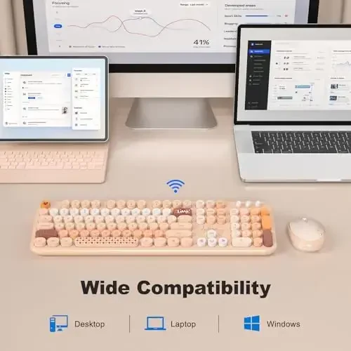 MOFII simsiz klaviatura va sichqoncha to'plami, yoqimli retro yozuv mashinasi klaviaturasi va jim sichqoncha, kompyuter, noutbuk, ish stoli, Windows uchun 2,4 GHz to'liq o'lchamli kompyuter klaviatura simsiz sichqoncha to'plami (Sariq rangli) - 5