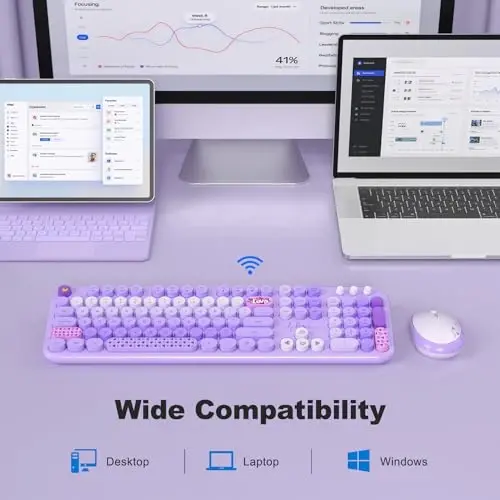MOFII simsiz klaviatura va sichqoncha to'plami, yoqimli retro yozuv mashinkasi klaviaturasi va jim sichqoncha, kompyuter, noutbuk, ish stoli, Windows uchun 2,4 GHz to'liq o'lchamli simsiz sichqoncha to'plami (binafsha rangli) - 5
