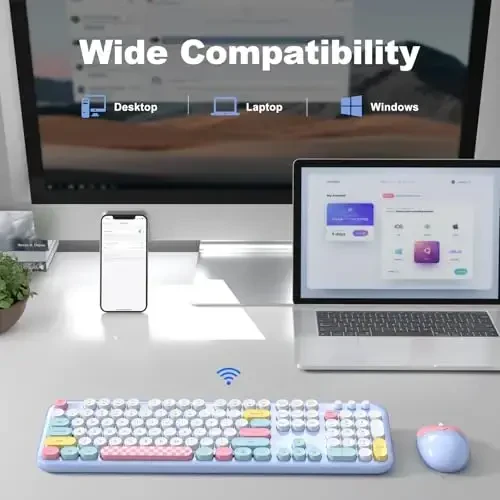 MOFII Wireless Keyboard and Mouse Combo - 2.4GHz Full-Size Retro Typewriter Keyboard with Round Keys, 3 Level Adjustable Optical Mouse, Plug & Play - Compatible with PC/Laptop/Desktop - Light Blue Mix - 4