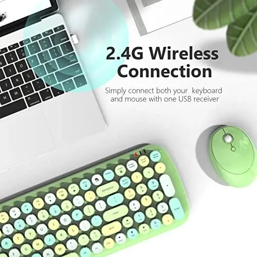 MOFII Wireless Keyboard and Mouse Combo, 2.4GHz Retro Typewriter Keyboard and Cute Mouse for Computer PC Desktops Laptop Windows(Green Mix) - 2
