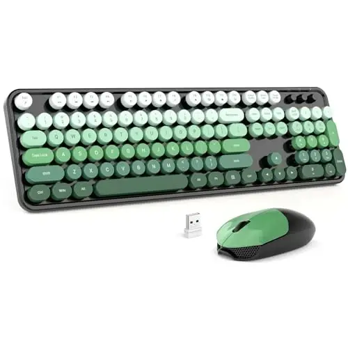 MOFII Wireless Keyboard and Mouse Combo, 2.4GHz Retro Typewriter Keyboard Full Size, Cute Wireless Mice, USB Dongle Plug and Play, for Laptop, PC, Desktop, Windows (Black Green Gradient Color) 