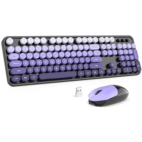 MOFII Wireless Keyboard and Mouse Combo, 2.4GHz Retro Typewriter Keyboard Full Size, Cute Wireless Mice, USB Dongle Plug and Play, for Laptop, PC, Desktop, Windows (Black Purple Gradient Color) 