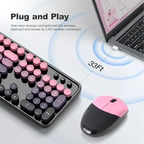 MOFII Wireless Keyboard and Mouse Combo, 2.4GHz Retro Typewriter Keyboard Full Size, Cute Wireless Mice, USB Dongle Plug and Play, for Laptop, PC, Desktop, Windows (Plum Pink Gradient Color) - MOFII (1)