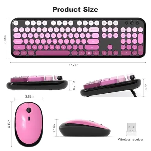 MOFII Wireless Keyboard and Mouse Combo, 2.4GHz Retro Typewriter Keyboard Full Size, Quiet Click Mouse, USB Receiver Plug and Play, for PC, Laptop, Desktop, Windows (Black Pink Gradient) - 6