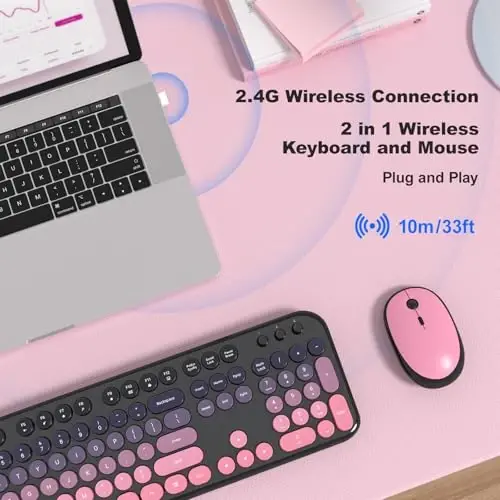 MOFII Wireless Keyboard and Mouse Combo,2.4G Typewriter Keyboard Quiet Mice | Retro Full Size Computer Keyboards, Cute Mouse, USB Dongle Plug and Play, for PC,Laptop,Desktop,Windows (Plum Pink Gradient) - 2