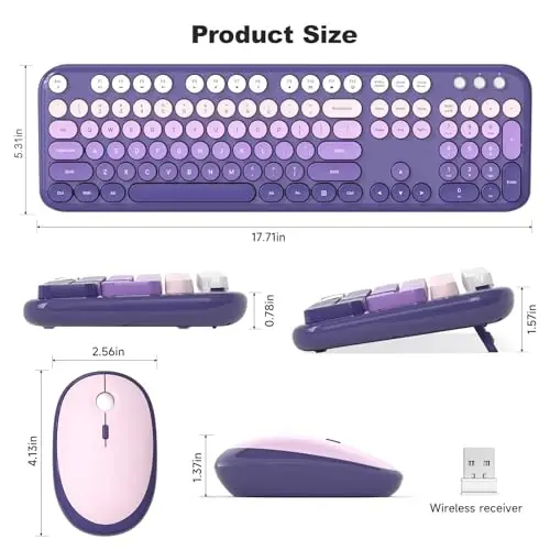 MOFII Wireless Keyboard and Mouse Combo, 2.4GHz Retro Typewriter Keyboard Full Size, Quiet Click Mouse, USB Receiver Plug and Play, for PC, Laptop, Desktop, Windows (Purple Gradient) - 6
