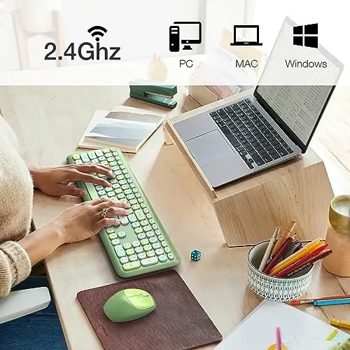 MOFII Wireless Keyboard and Mouse Combo, Colorful Full Size Keyboard with Number Pad, Silent Cute Wireless Mouse, 2.4GHz Dropout-Free Connection, for PC Laptop Computer (Green Color) - 2