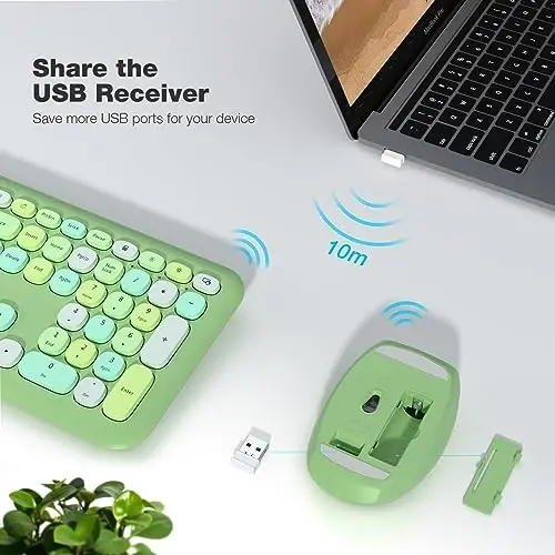 MOFII Wireless Keyboard and Mouse Combo, Colorful Full Size Keyboard with Number Pad, Silent Cute Wireless Mouse, 2.4GHz Dropout-Free Connection, for PC Laptop Computer (Green Color) - 3