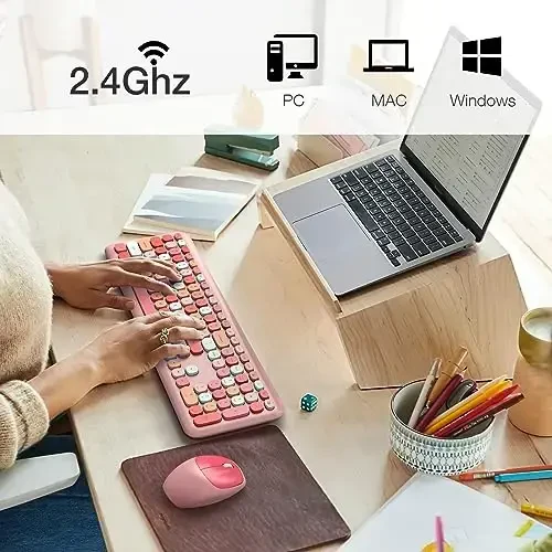 MOFII Wireless Keyboard and Mouse Combo, Colorful Full Size Keyboard with Number Pad, Silent Cute Wireless Mouse, 2.4GHz Dropout-Free Connection, for PC Laptop Computer (Pink Color) - 2