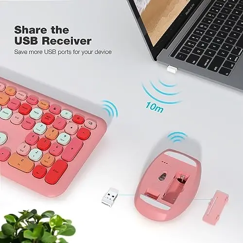 MOFII Wireless Keyboard and Mouse Combo, Colorful Full Size Keyboard with Number Pad, Silent Cute Wireless Mouse, 2.4GHz Dropout-Free Connection, for PC Laptop Computer (Pink Color) - 3