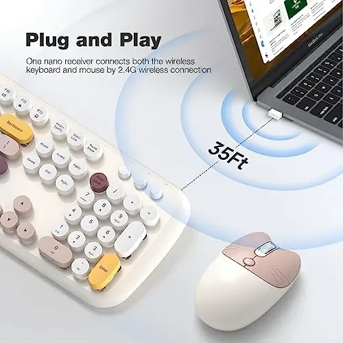 MOFII Wireless Keyboard and Mouse Combo, Full-Sized Colorful Typewriter Keyboard with Round Keycaps, 2.4G Cute Mouse Compatible with PC/Laptop/Computer (Milk White Color) - MOFII (1)