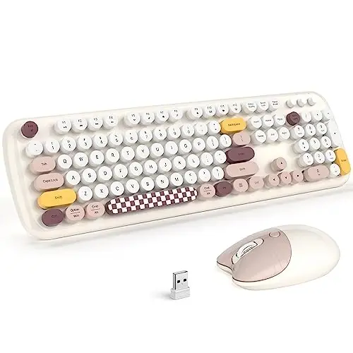 MOFII Wireless Keyboard and Mouse Combo, Full-Sized Colorful Typewriter Keyboard with Round Keycaps, 2.4G Cute Mouse Compatible with PC/Laptop/Computer (Milk White Color) 