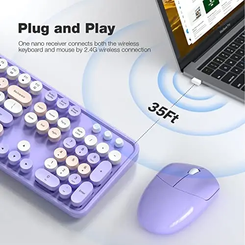 MOFII Wireless Keyboard and Mouse Combo Purple Colorful Full Size Round Key Typewriter Keyboards, 2.4G USB Keyboard Mice with 2-1 Nano Dongle for Computer Laptop PC Desktop Chromebook Smart TV - 2