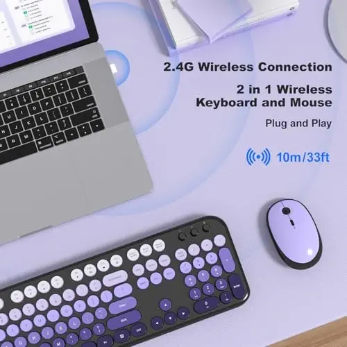 MOFII Wireless Keyboard and Mouse Combo,2.4G Typewriter Keyboard Quiet Mice | Retro Full Size Computer Keyboards,Cute Mouse,USB Dongle Plug and Play, for PC,Laptop,Desktop,Windows (Black Purple Gradient) - MOFII (1)