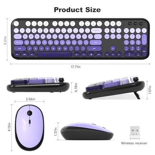 MOFII Wireless Keyboard and Mouse Combo,2.4G Typewriter Keyboard Quiet Mice | Retro Full Size Computer Keyboards,Cute Mouse,USB Dongle Plug and Play, for PC,Laptop,Desktop,Windows (Black Purple Gradient) - 6