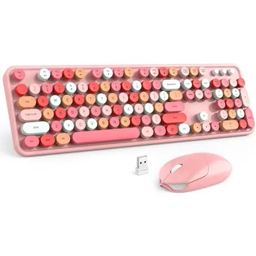 MOFII Wireless Keyboard and Mouse, Pink Colorful Round Key Retro Typewriter Keyboards, USB Wireless 2.4G Full Size Keyboard and Cute Mice Combo for Computer, Laptop, PC, Chromebook, Smart TV - 1