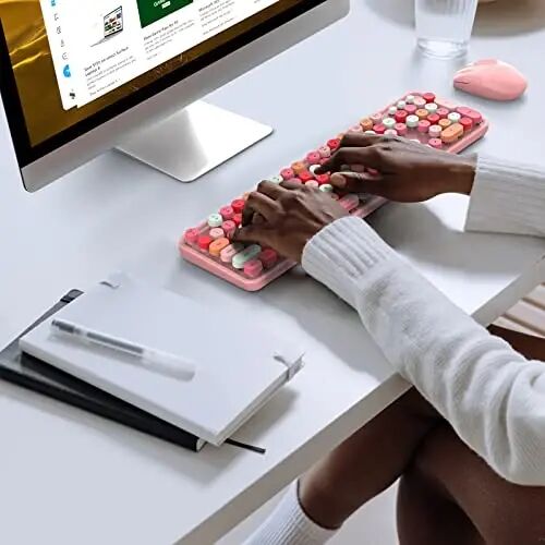 MOFII Wireless Keyboard and Mouse, Pink Colorful Round Key Retro Typewriter Keyboards, USB Wireless 2.4G Full Size Keyboard and Cute Mice Combo for Computer, Laptop, PC, Chromebook, Smart TV - 1