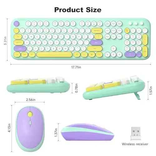 MOFII Wireless Keyboard and Mouse, Retro Typewriter Keyboard and Silent Mouse, 2.4GHz Full Size Keyboard and Mouse Wireless Combo for Laptop, PC, Desktop, Windows (Mint Green) - 6
