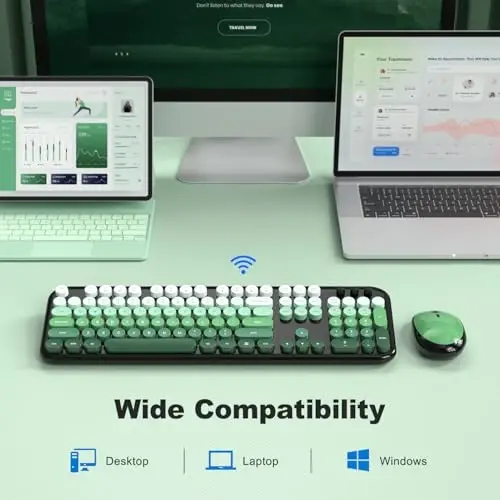 MOFII Wireless Keyboard and Mouse, Retro Typewriter Keyboard and Silent Mouse, 2.4GHz Full Size Keyboard and Mouse Wireless Combo for Laptop, PC, Desktop, Windows (Mint Green) - 5