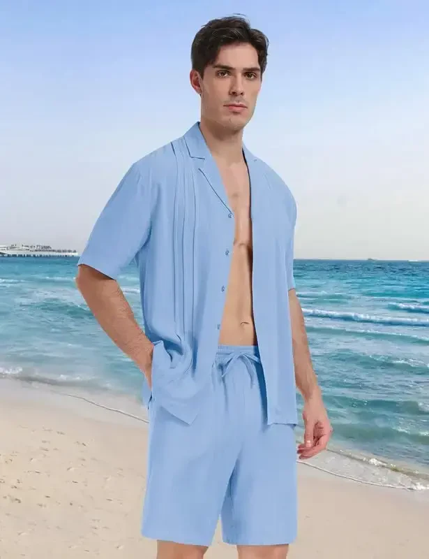 MoFiz Men's Linen Sets 2 Pieces Summer Vacation Party Beach Outfits Short Sleeve Button Down Shirts and Pants Set - 3