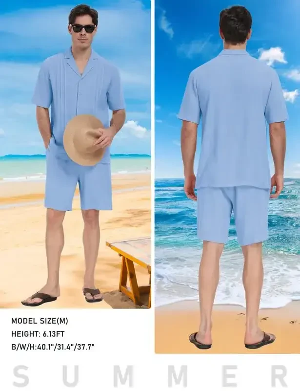 MoFiz Men's Linen Sets 2 Pieces Summer Vacation Party Beach Outfits Short Sleeve Button Down Shirts and Pants Set - 6