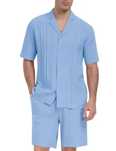 MoFiz Men's Linen Sets 2 Pieces Summer Vacation Party Beach Outfits Short Sleeve Button Down Shirts and Pants Set 