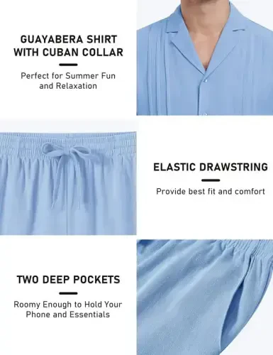 MoFiz Men's Linen Sets 2 Pieces Summer Vacation Party Beach Outfits Short Sleeve Button Down Shirts and Pants Set - 5