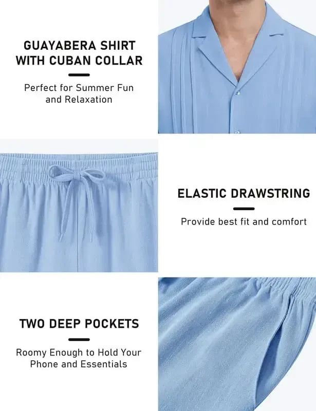MoFiz Men's Linen Sets 2 Pieces Summer Vacation Party Beach Outfits Short Sleeve Button Down Shirts and Pants Set - 5