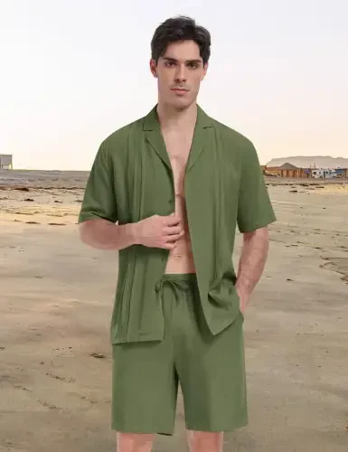 MoFiz Men's Linen Sets 2 Pieces Summer Vacation Party Beach Outfits Short Sleeve Button Down Shirts and Pants Set - 2