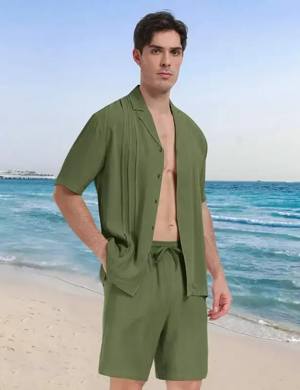 MoFiz Men's Linen Sets 2 Pieces Summer Vacation Party Beach Outfits Short Sleeve Button Down Shirts and Pants Set - 3