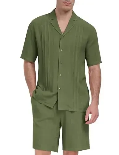 MoFiz Men's Linen Sets 2 Pieces Summer Vacation Party Beach Outfits Short Sleeve Button Down Shirts and Pants Set 