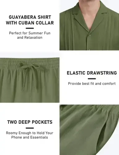 MoFiz Men's Linen Sets 2 Pieces Summer Vacation Party Beach Outfits Short Sleeve Button Down Shirts and Pants Set - 5