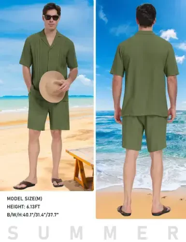 MoFiz Men's Linen Sets 2 Pieces Summer Vacation Party Beach Outfits Short Sleeve Button Down Shirts and Pants Set - 6