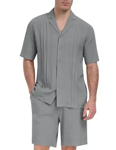 MoFiz Men's Linen Sets 2 Pieces Summer Vacation Party Beach Outfits Short Sleeve Button Down Shirts and Pants Set 