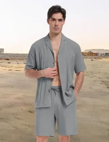 MoFiz Men's Linen Sets 2 Pieces Summer Vacation Party Beach Outfits Short Sleeve Button Down Shirts and Pants Set - MODAZONE (1)