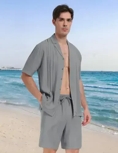 MoFiz Men's Linen Sets 2 Pieces Summer Vacation Party Beach Outfits Short Sleeve Button Down Shirts and Pants Set - 3