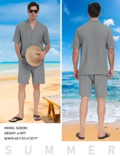 MoFiz Men's Linen Sets 2 Pieces Summer Vacation Party Beach Outfits Short Sleeve Button Down Shirts and Pants Set - 6