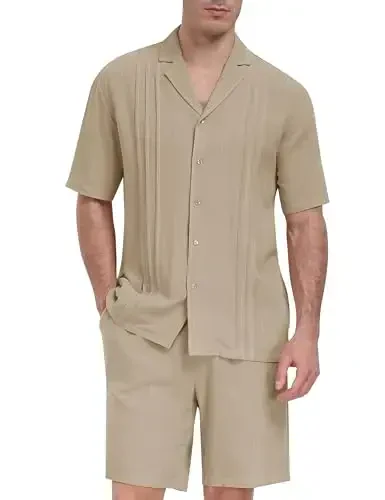 MoFiz Men's Linen Sets 2 Pieces Summer Vacation Party Beach Outfits Short Sleeve Button Down Shirts and Pants Set - 1