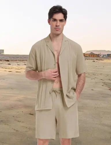 MoFiz Men's Linen Sets 2 Pieces Summer Vacation Party Beach Outfits Short Sleeve Button Down Shirts and Pants Set - MOFIZ (1)