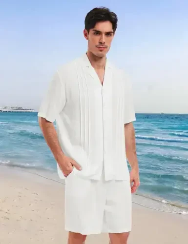 MoFiz Men's Linen Sets 2 Pieces Summer Vacation Party Beach Outfits Short Sleeve Button Down Shirts and Pants Set - 3