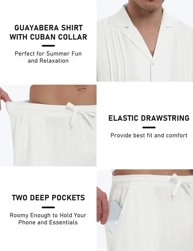 MoFiz Men's Linen Sets 2 Pieces Summer Vacation Party Beach Outfits Short Sleeve Button Down Shirts and Pants Set - 5