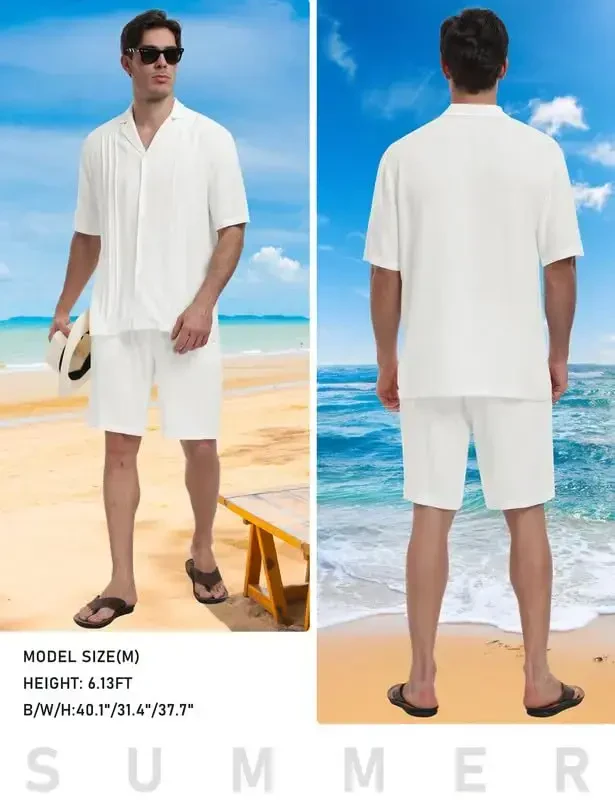 MoFiz Men's Linen Sets 2 Pieces Summer Vacation Party Beach Outfits Short Sleeve Button Down Shirts and Pants Set - 6